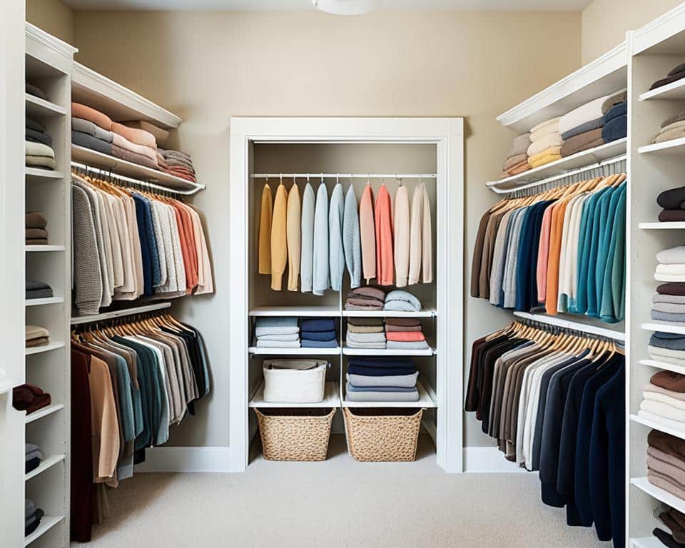 organizing sweaters in closet